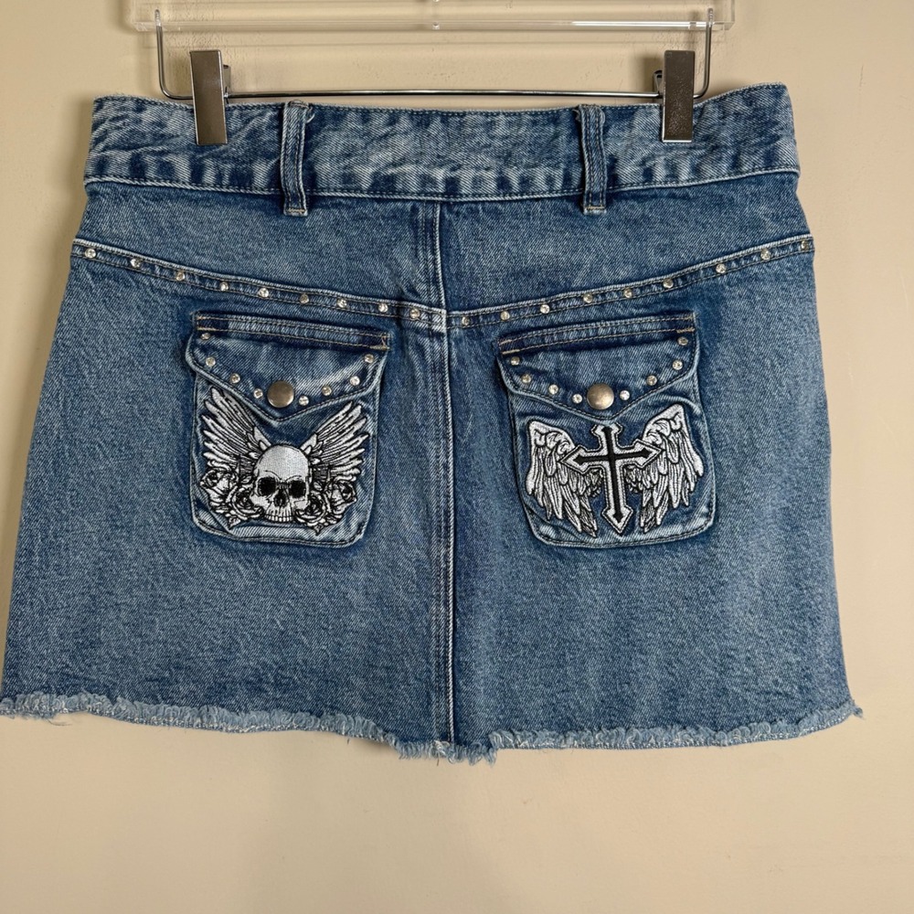 Social Collision Denim Mini Skirt Small Y2K Grunge Skull Cross Studded